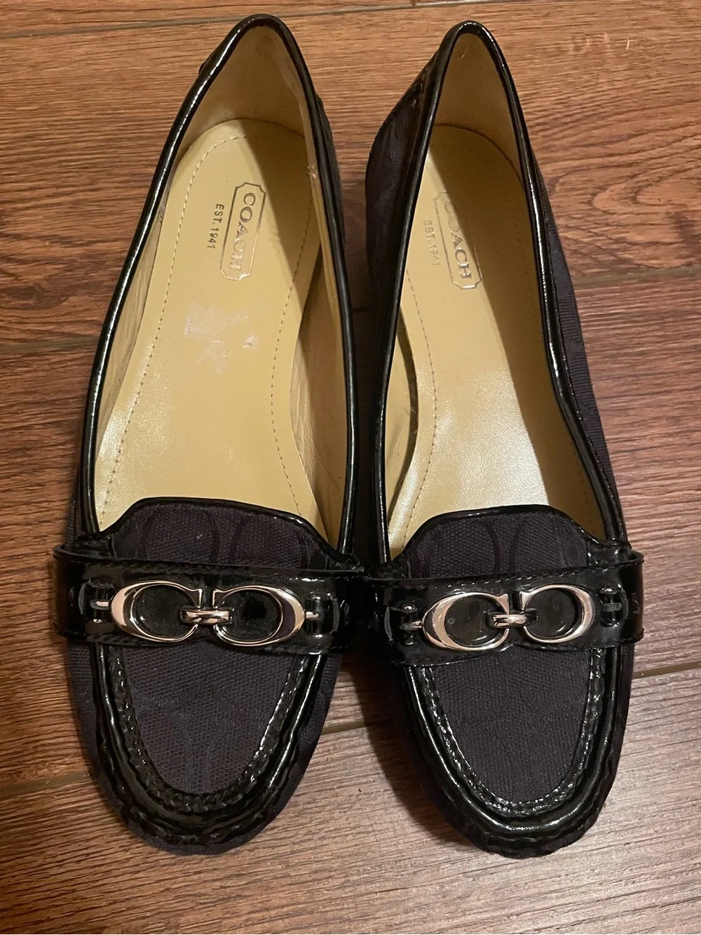 Coach Eloise Signature Black Logo Print Patent Trim Loafers Silver Buckle